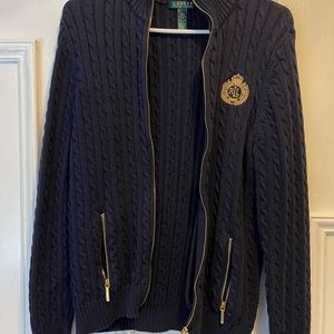It’s Ralph Lauren brand with size L, Blue Zip-up Ribbed-knit Cotton Cardigan